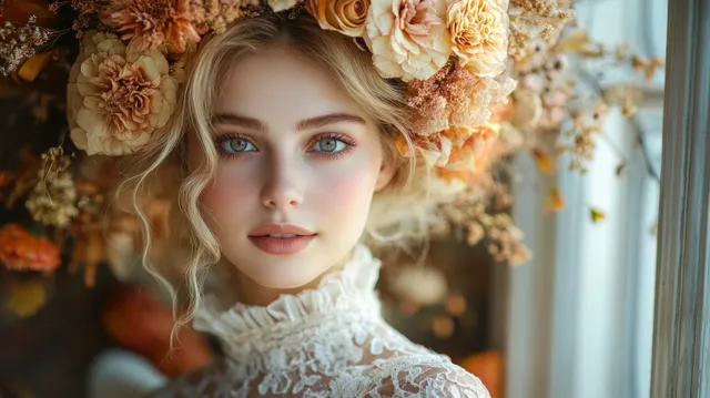 Gothic woman in lace floral headpiece poses in warm window light with autumn decorations behind her.