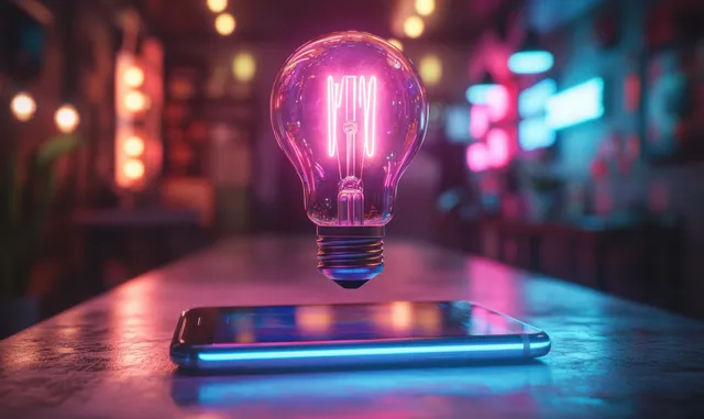 A neon glowing light bulb hovers above a smartphone on a futuristic city street at night.