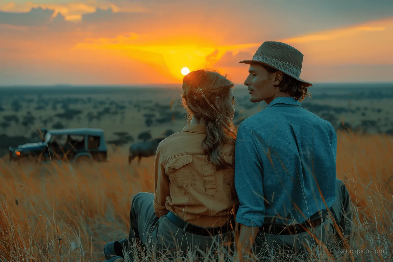 A young couple sits on savannah grass watching the sunset while a safari jeep and distant animals appear in the background.