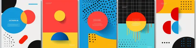 Several minimalist cover templates show flat color panels with circles, lines, and dotted patterns across the layout.