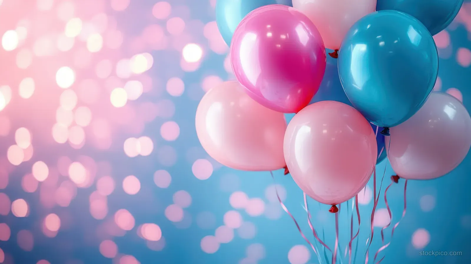 Pink and blue helium balloons hover above a soft confetti bokeh background with blank space for wording.