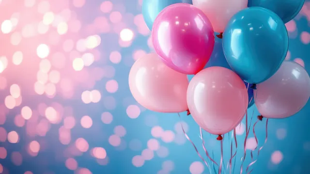 Pink and blue helium balloons hover above a soft confetti bokeh background with blank space for wording.