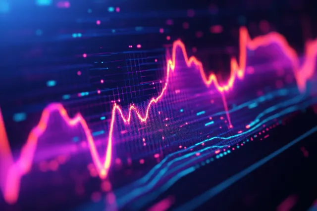 Neon pink and blue fluctuating line chart over a dark grid like a live data dashboard.