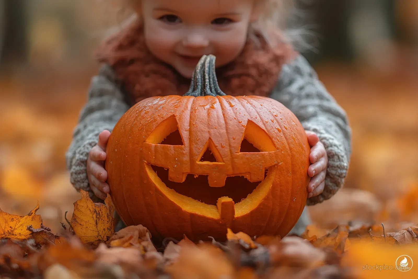 Smiling child in a Halloween costume holding a carved jack-o’-lantern pumpkin in a leaf-covered autumn forest.