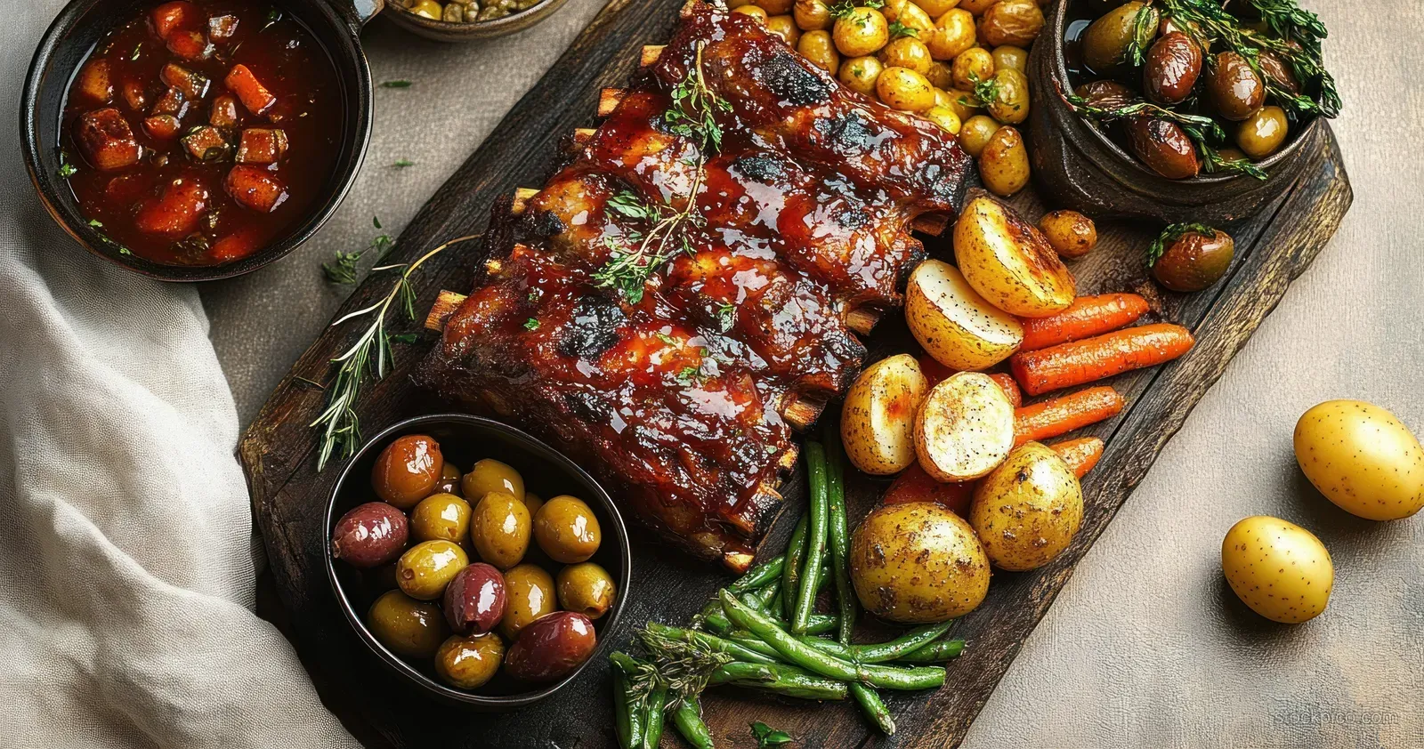Glazed pork ribs on a rustic wooden board surrounded by roasted baby potatoes, carrots, green beans, chickpeas, and chunky tomato sauce.