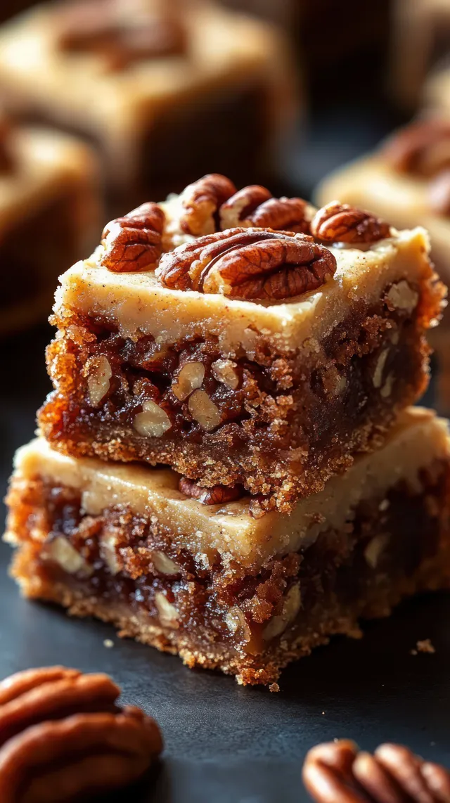 Two stacked pecan dessert bars with creamy topping and whole pecans sit on dark slate.