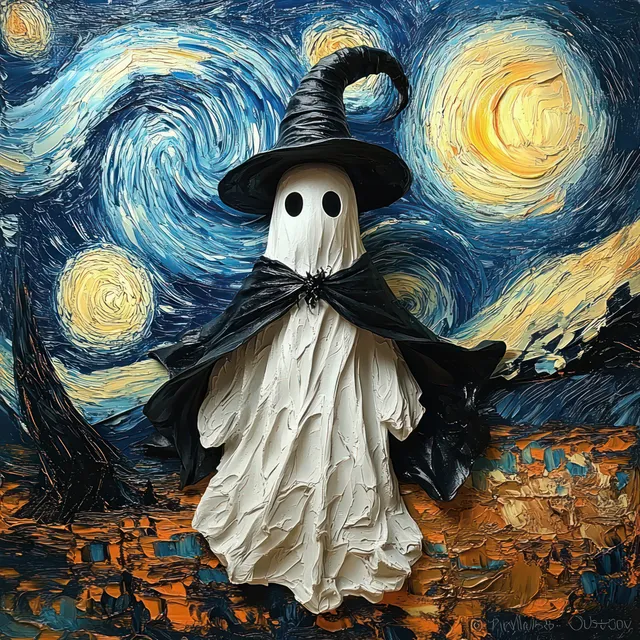 A whimsical ghost in a witch hat and black cape stands beneath swirling stars and glowing moons.