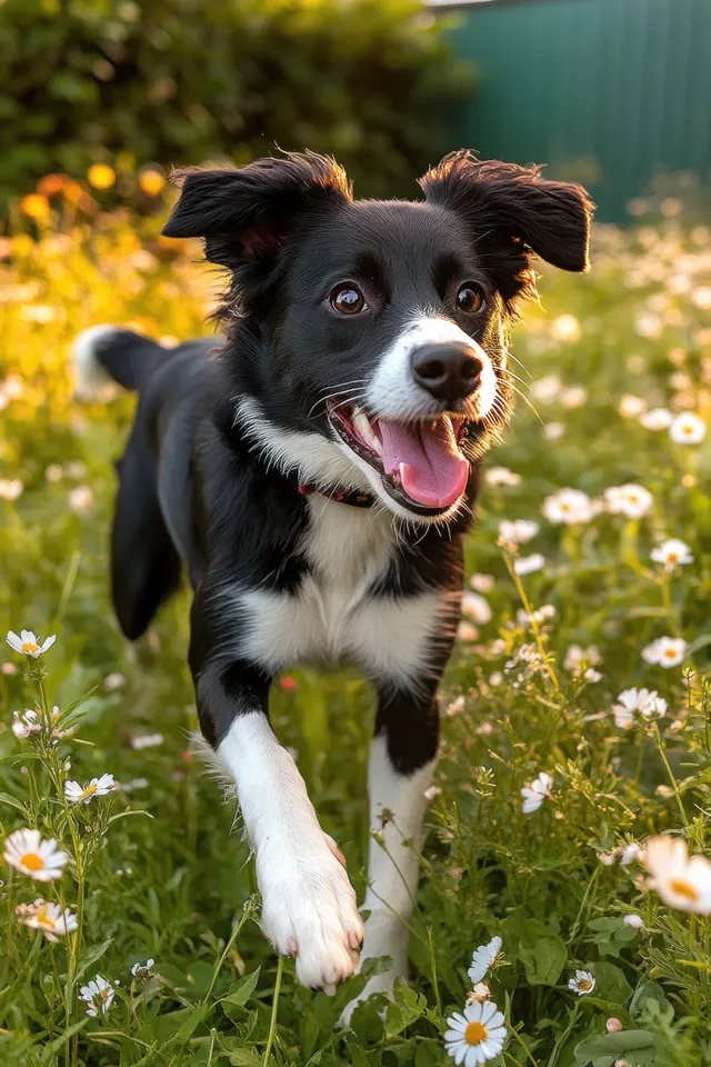 Black and white dog runs toward the camera through a meadow of white daisies in warm sunlight.