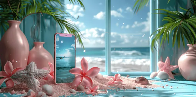 Smartphone booking app on tropical beach window with seashells and sunglasses