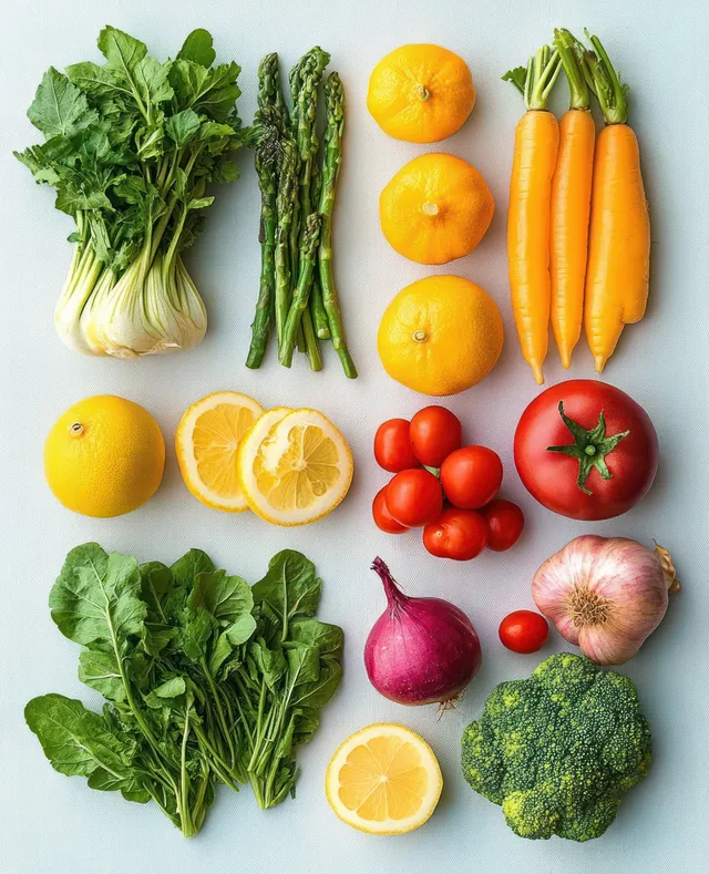 Fresh vegetables and fruits arranged flat on a light background with citrus and greens
