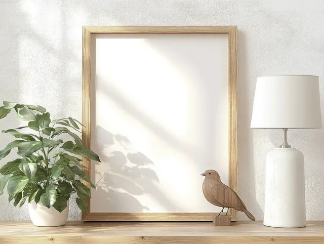 Minimal wooden picture frame on a shelf with soft sunlight, a green plant, a lamp, and a bird sculpture on a warm wall.