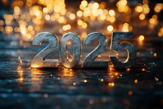 Metallic 2025 numbers on a wooden surface with warm glowing bokeh lights behind them.