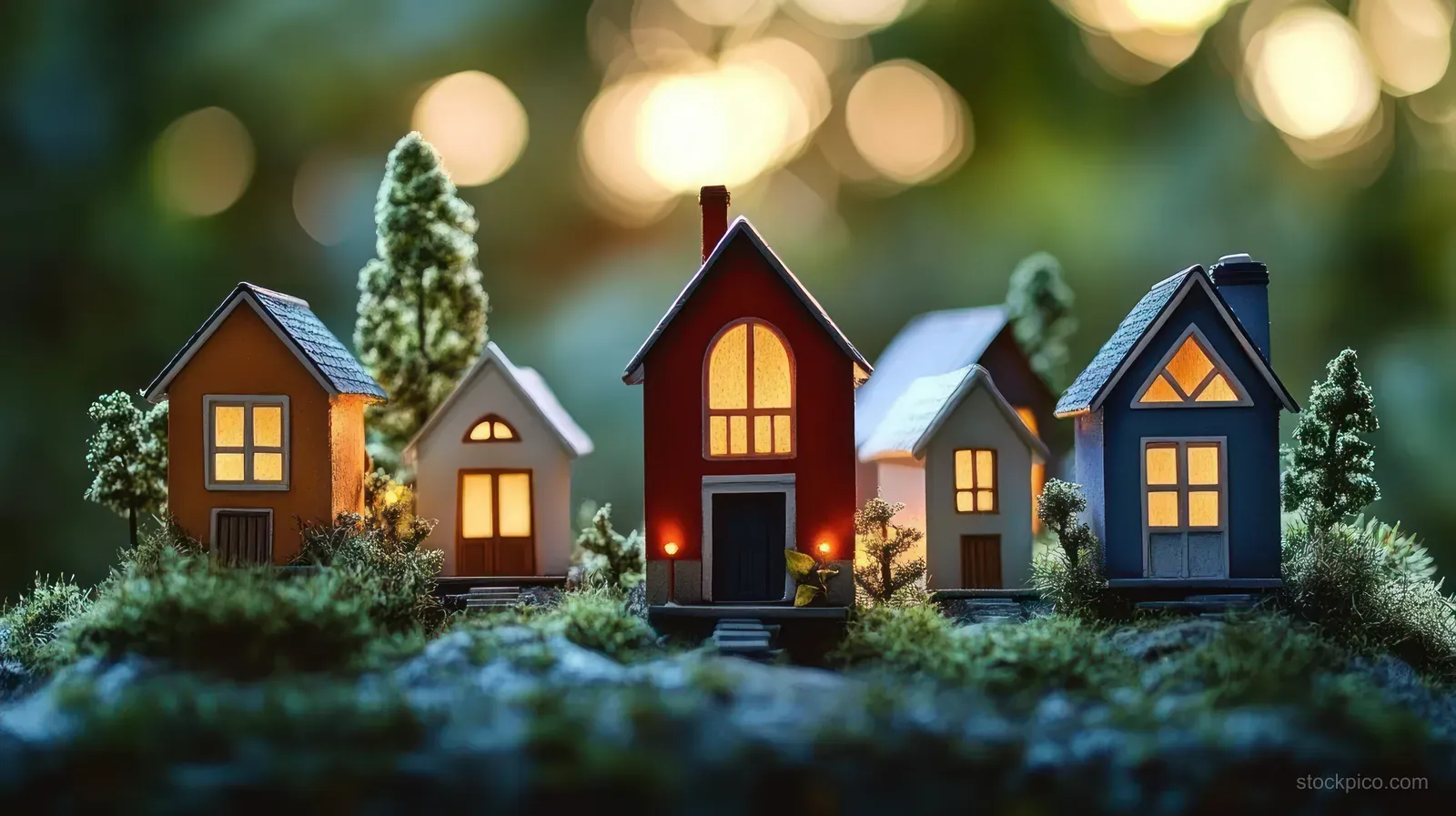 Warmly lit miniature houses at dusk with translucent housing market chart lines hovering in the background.