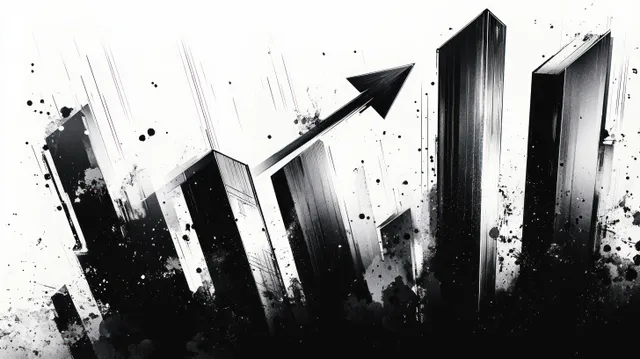 Black and white rising bar blocks with an upward arrow and ink splatter texture across the background.