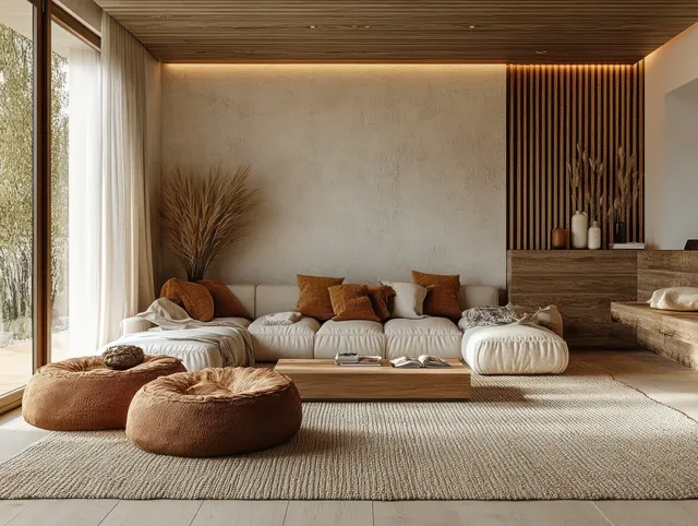 Beige sectional sofa with brown cushions in a modern living room, lit by warm ambient lights near large windows.