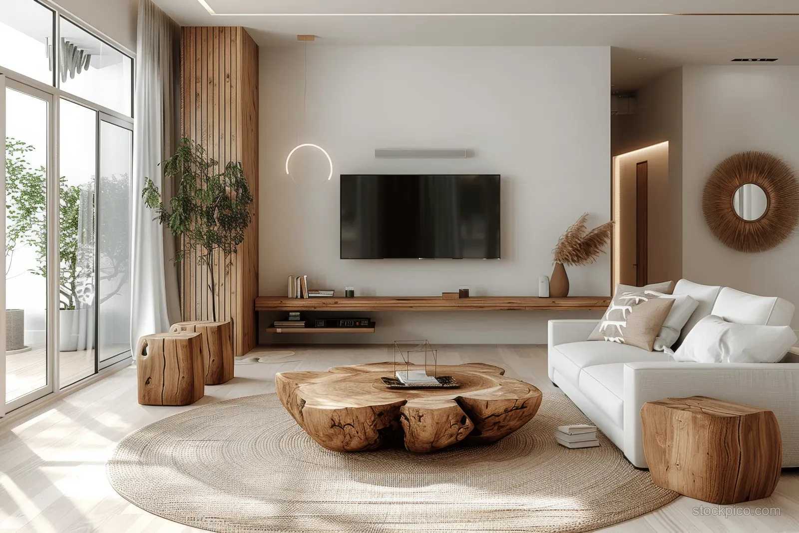 Sunlit minimalist living room with wooden TV stand, white sofa, armchair, and a tree-trunk coffee table.