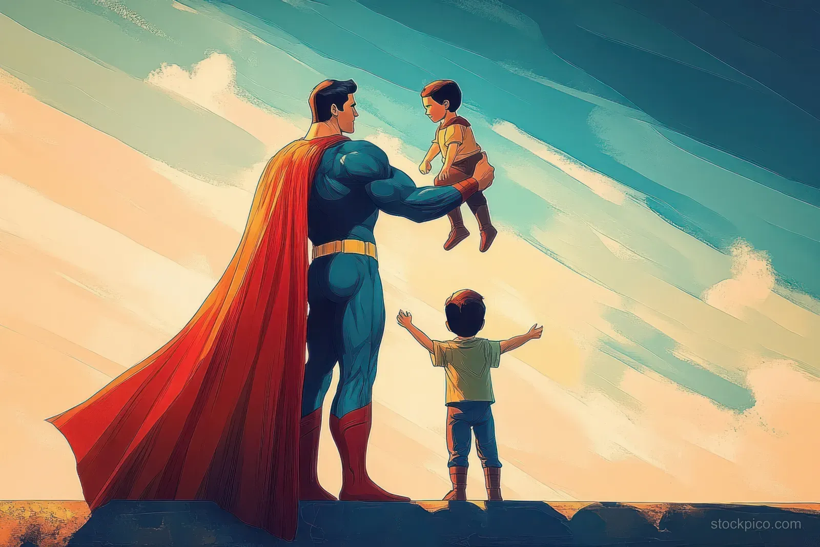 Superhero in a red cape holds one child up while another child reaches upward under cloudy skies.