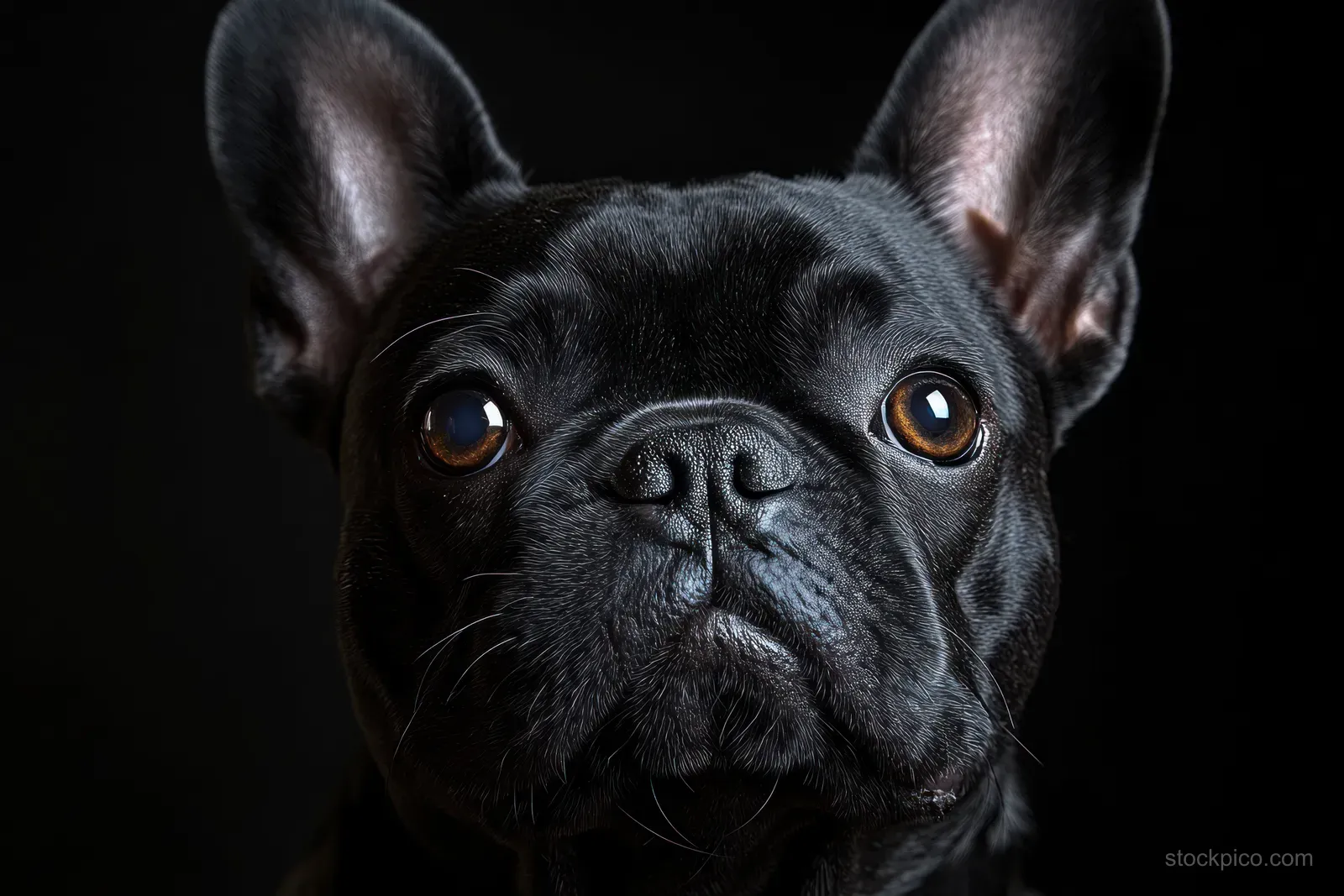 Black French Bulldog in a close-up studio portrait with large alert eyes and upright ears against a dark background.
