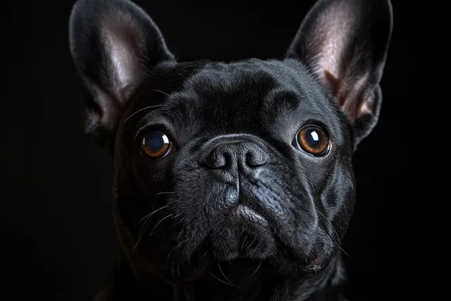 Black French Bulldog in a close-up studio portrait with large alert eyes and upright ears against a dark background.