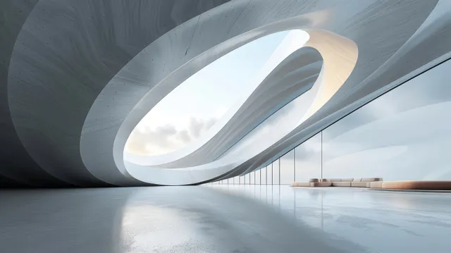 Futuristic curved concrete building interior framing an empty floor and sunset light