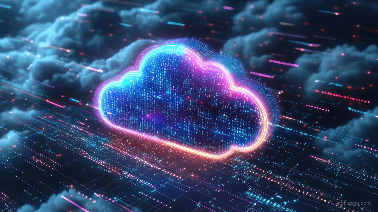 Neon glowing cloud icon floats over a digital data grid with binary code and network lines.