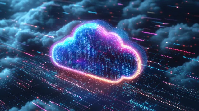 Neon cyberpunk cloud icon over data grid with flowing binary code
