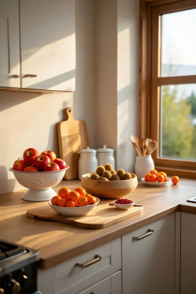 Sunlit kitchen counter with apples and kumquats on wooden boards, ceramic jars, and utensils beside a window with trees.
