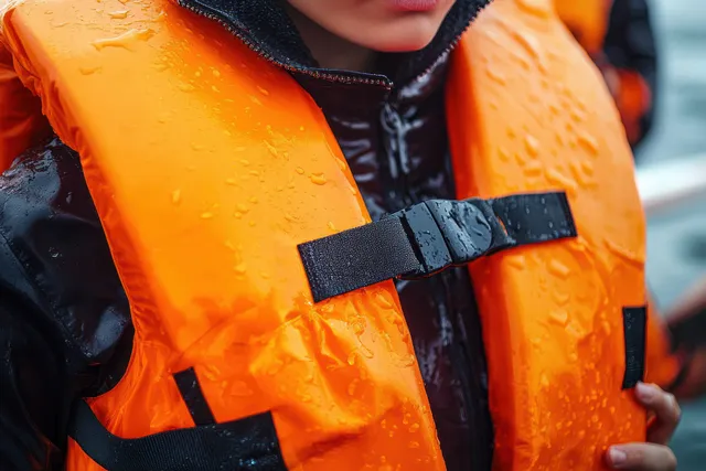 Close-up of an adult wearing a wet orange life jacket with water droplets and a black zipper jacket.