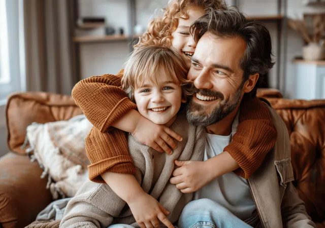 Father hugs smiling daughter while playing on living room sofa in warm natural light