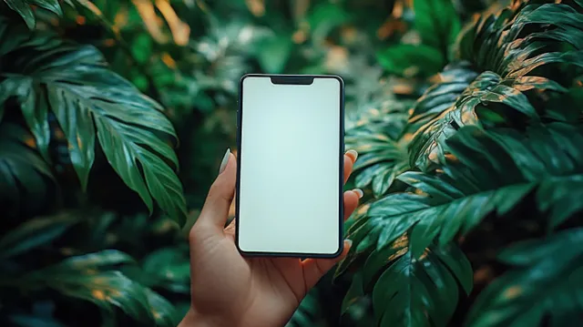 A hand holds a smartphone with a blank screen surrounded by dense tropical green leaves.