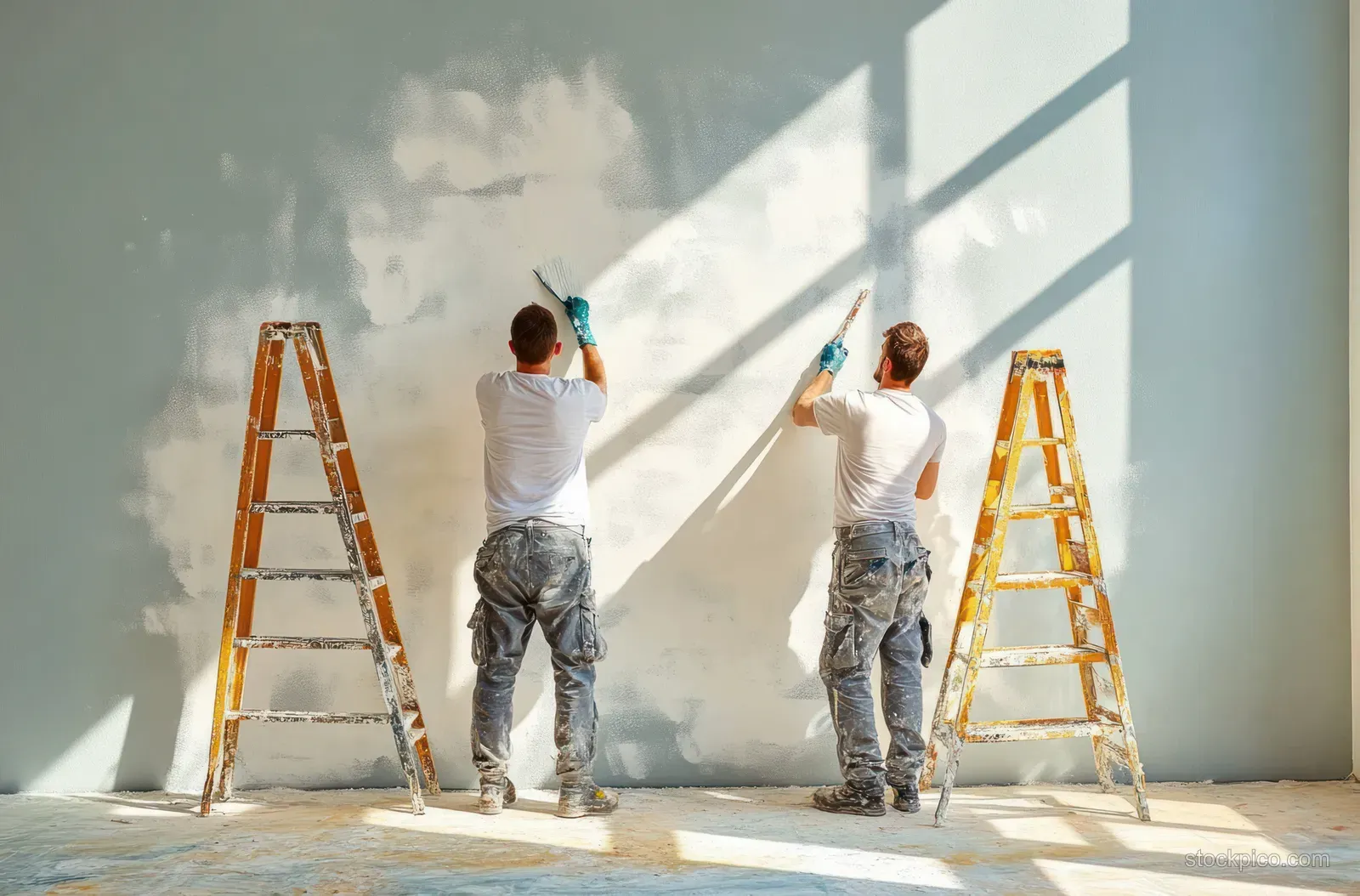 Two painters stand on ladders and roll light gray paint onto a wall in a bright living room.