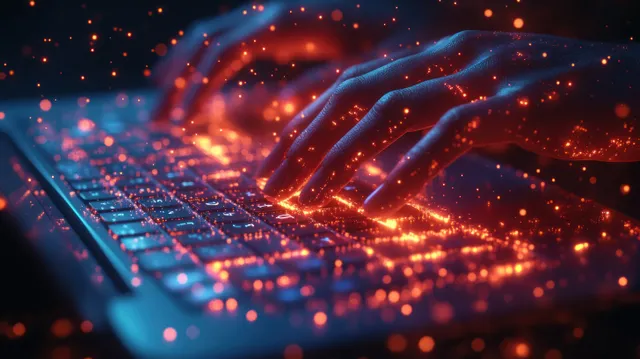 Programmer hands typing on laptop as glowing binary code streams in neon cyberpunk light