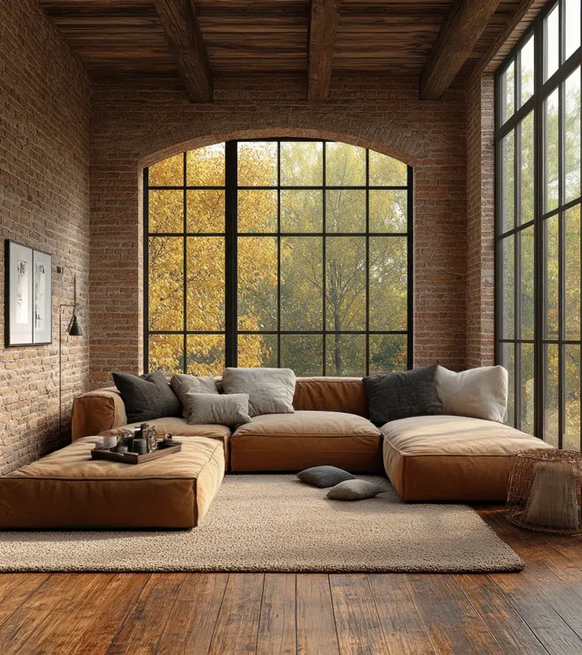 Sunlit rustic loft living room with brick walls, arched window, and arranged sofas on a wooden floor.