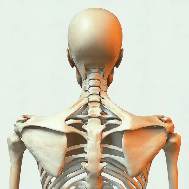 Rear view human skeleton with spine and shoulder blades, anatomical 3D illustration