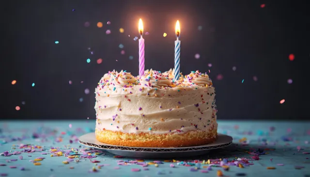 Small vanilla birthday cake with white frosting, colorful sprinkles, confetti, and two lit striped candles on a dark plate.