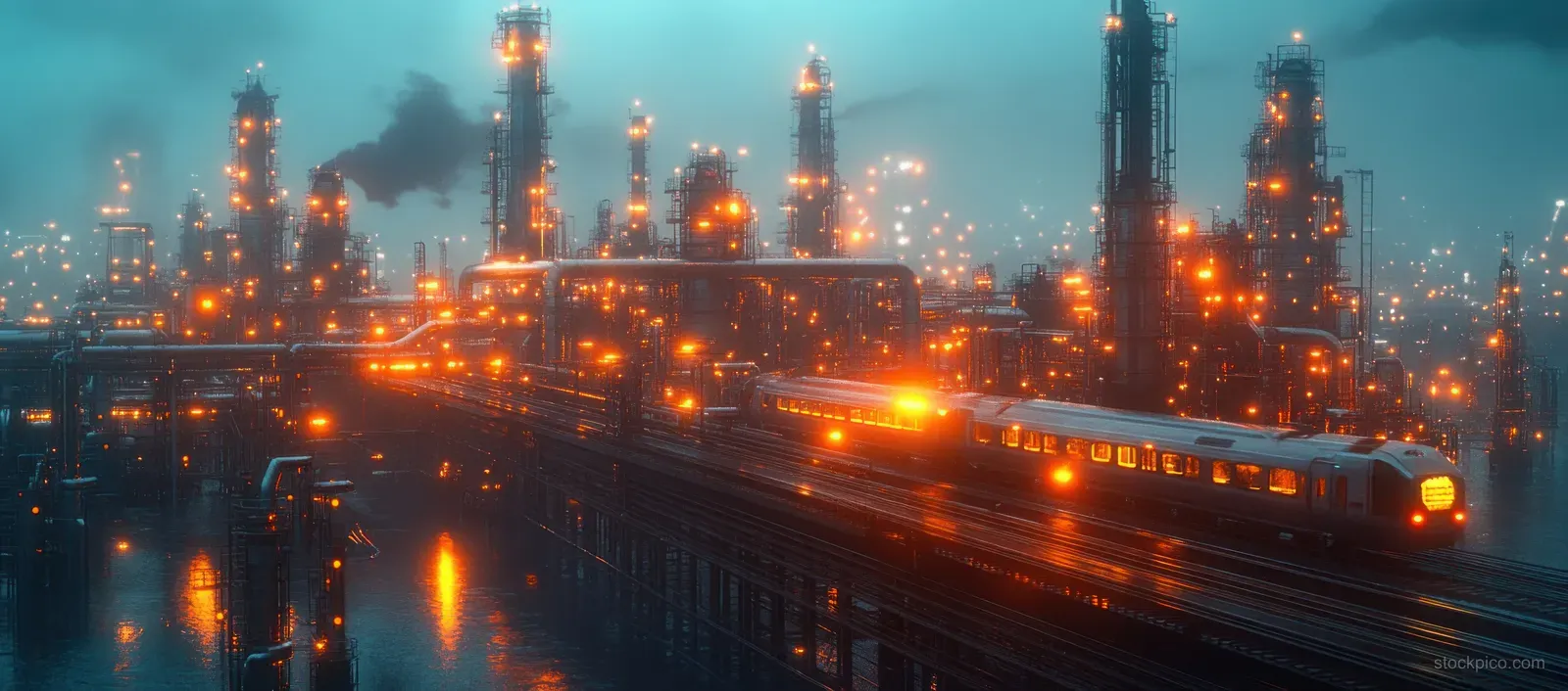 Oil refinery towers emit smoke as glowing pipelines and orange lights reflect on the ground at dusk.