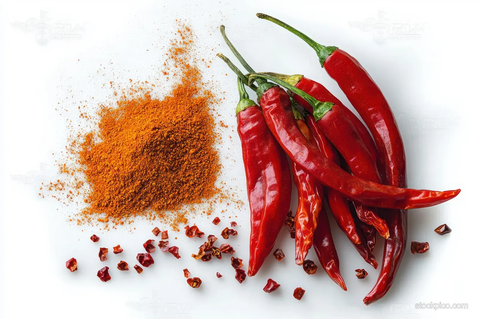 Red chili peppers sit next to a mound of chili powder with scattered flakes on a white background.
