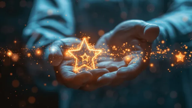 Glowing golden star rating icons float above hands against a blurred customer feedback backdrop.
