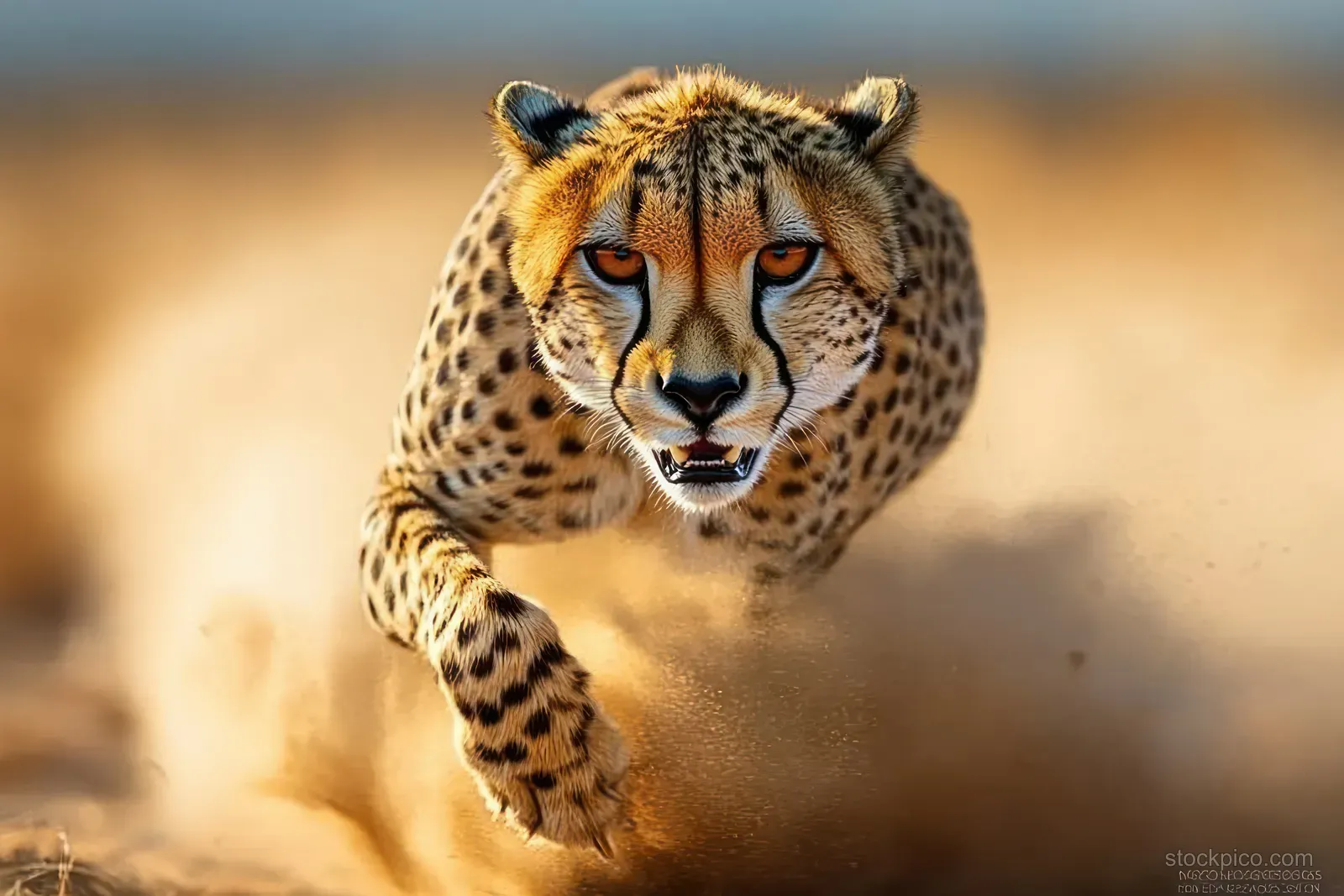 Cheetah sprinting toward the camera across dusty savanna with focused orange eyes and sand clouds.
