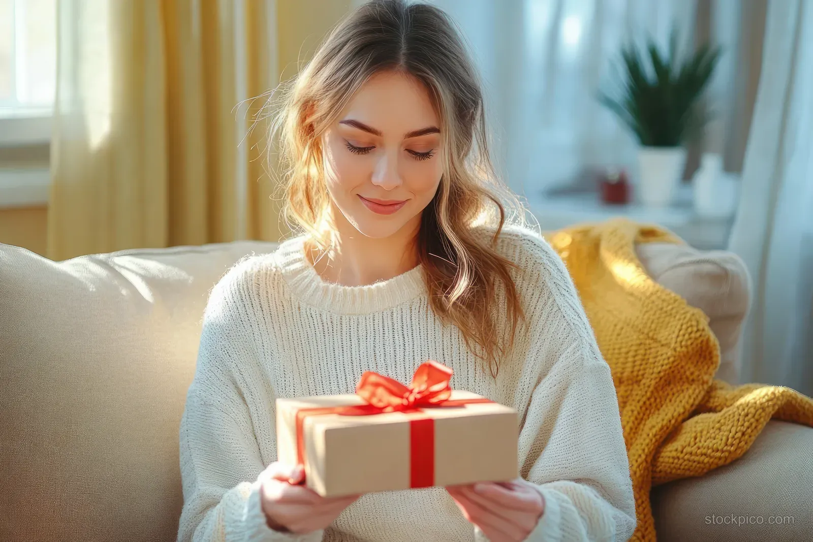 Young woman seated on a sunlit sofa holding a wrapped gift box with a red ribbon and smiling.