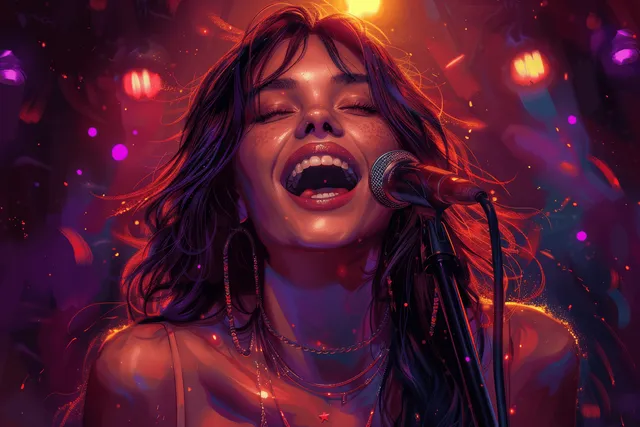 Friends singing karaoke at a neon nightclub, laughing under colorful stage lights at night