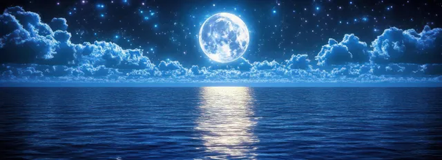A full moon shines over a clouded night sky with its silver reflection stretching across a calm ocean.