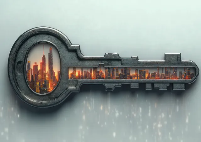 Dark chrome key with a glowing city skyline insert floating over a soft gray gradient background.
