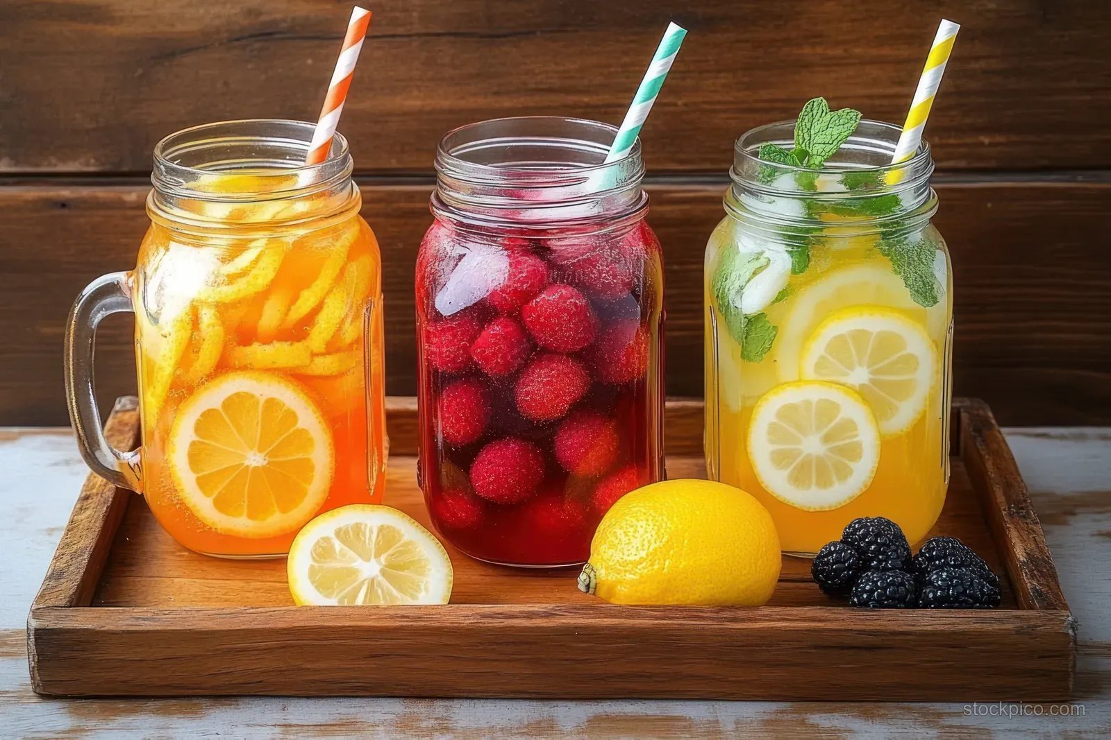 Three fruit-infused mason jars on a wooden tray with orange, raspberries, lemon slices, blackberries, and mint leaves.