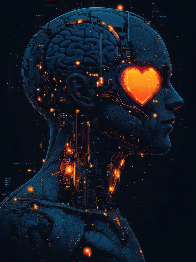 Cyberpunk anatomical torso illustration with a glowing heart and neon arteries under dark lighting.