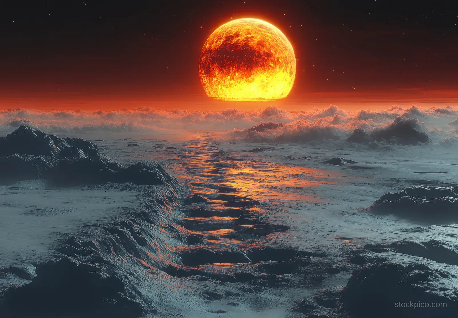 Alien ocean at dusk with rough waves, dark mountains, and a glowing molten planet rising in the sky.