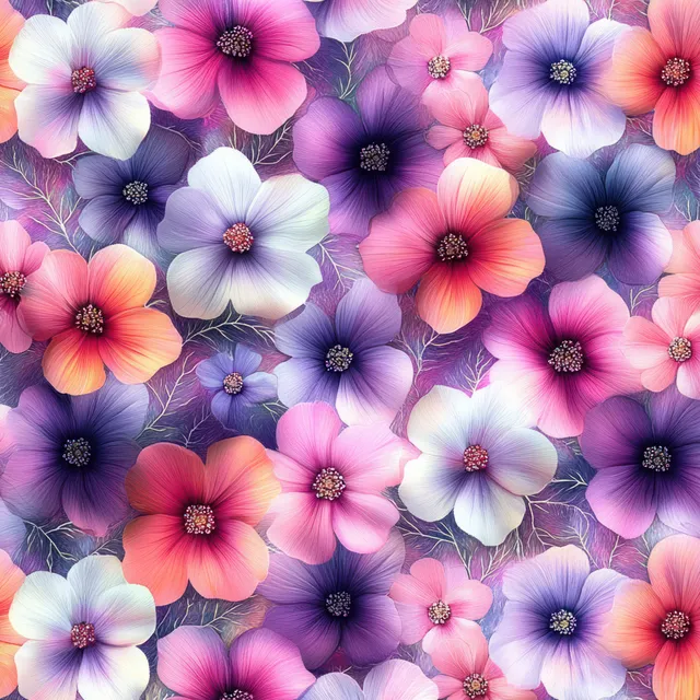Seamless floral pattern of pink, purple, and orange blossoms with soft petal gradients