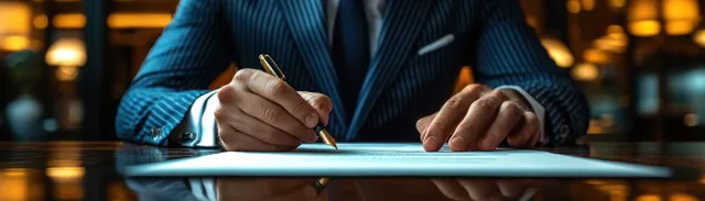 Businessman in pinstripe suit signing a contract at a wooden table under warm office light