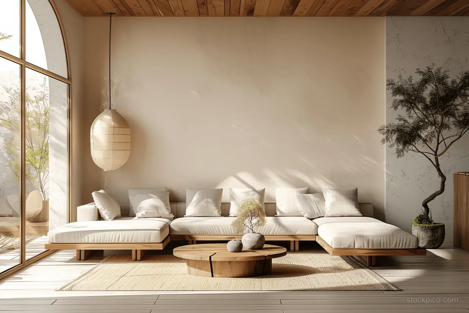 Japandi living room interior with beige sectional sofa, wooden coffee table, and sunlight through a large arched window.