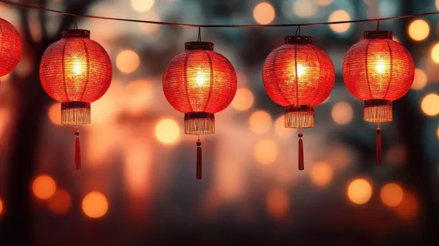 Red paper lanterns glow on a hanging string with warm blurred lights in the background.